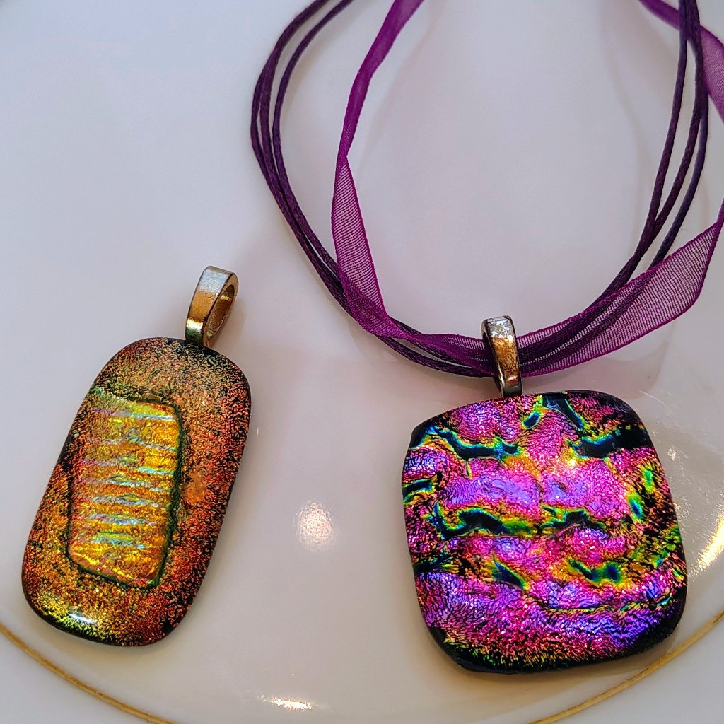 Set Of 2 Dichroic Fused Glass Pendants Pendant Ripple Purple Mesh Cord Chain